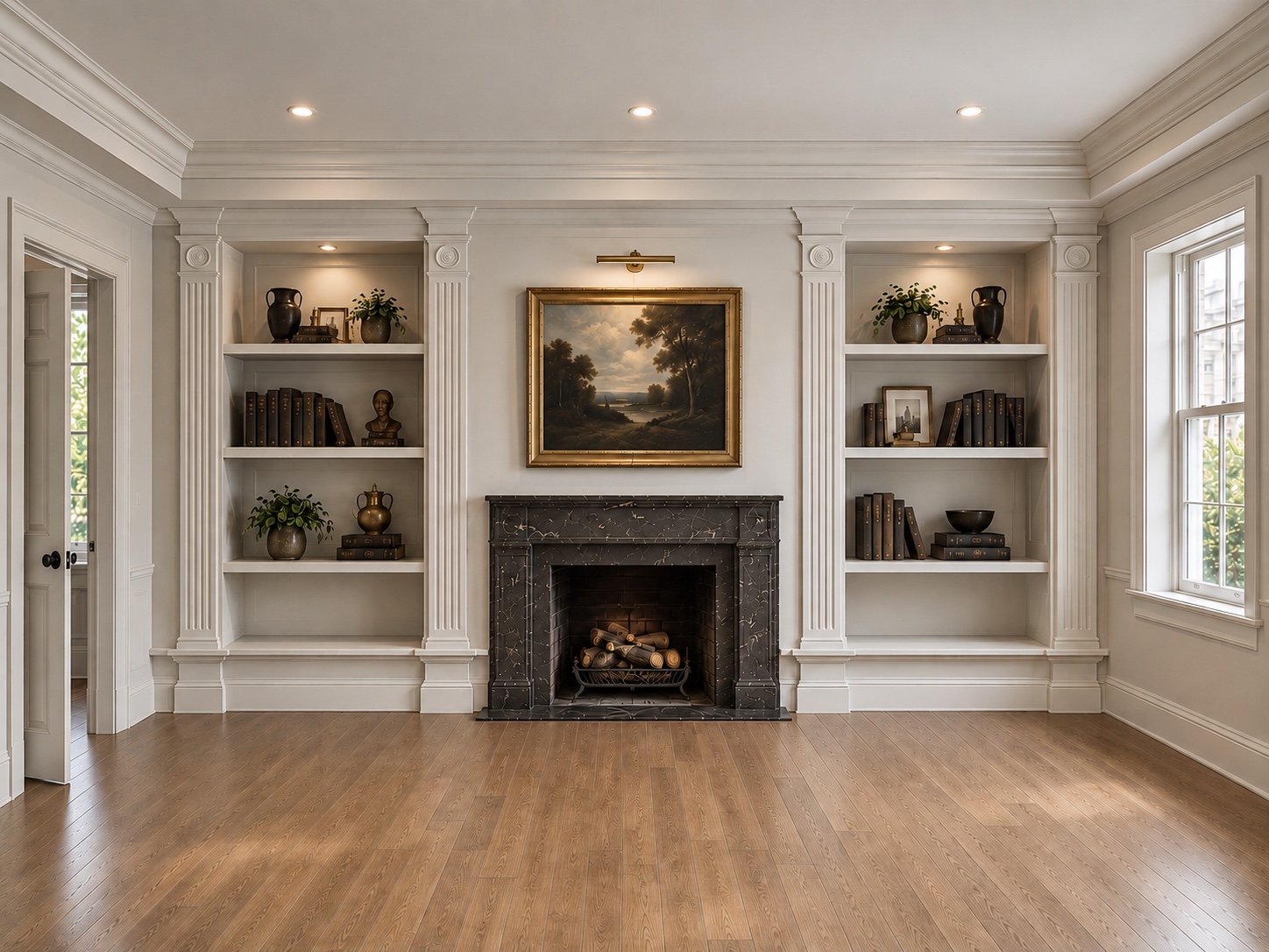 925 Spruce Street interior rendering with a fireplace and detailed built-in shelves