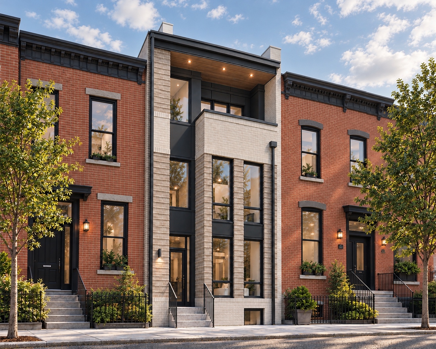 Lawrence Street house concept rendering with brick homes on either side