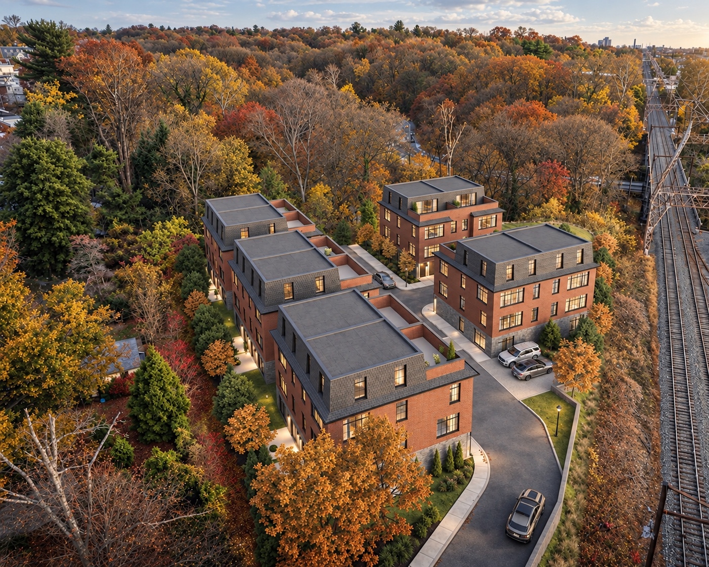 Rochelle Ave development aerial rendering with autumn trees
